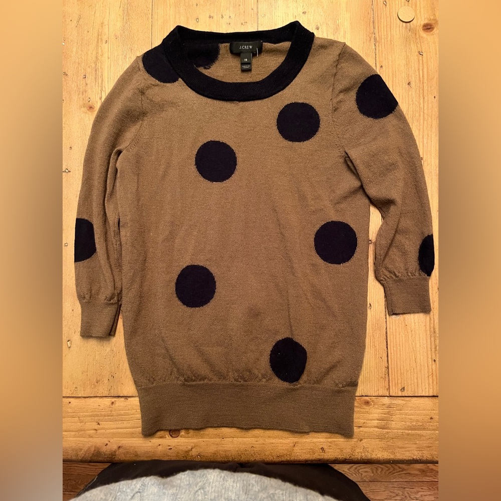 J. Crew Women’s Merino Wool Brown Tan Black Polka Dot Sweater XS
